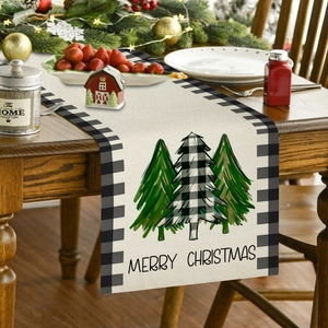 Kersttafelloper met kerstboomprints en zwart-wit geblokte randen voor kerstdecoratie