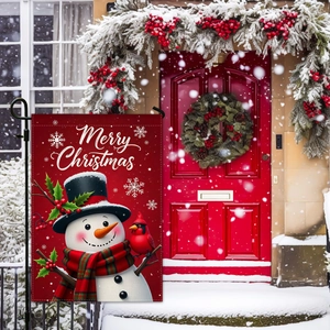 Christmas Garden Flag with Snowman and Cardinal Bird on Red Burlap Background