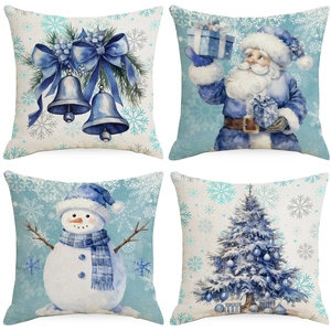 Lot de 4 housses de coussin de Noël bleu et blanc avec Père Noël, bonhomme de neige
