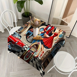 Détail d'une nappe rétro avec voitures des années 50, danseurs et bord damier