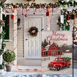 Merry Christmas garden flag with vintage red truck and tree on a black metal stand