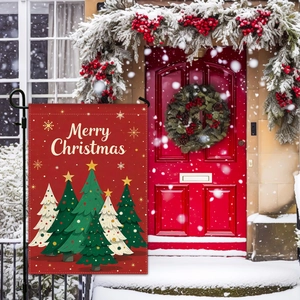 Christmas garden flag with Merry Christmas text and colorful trees on snow background