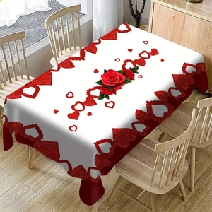 Romantic Valentine's Day Tablecloth Red Rose Heart Pattern Polyester Rectangle Dustproof Table Cover For Wedding Party Decor