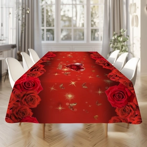 Valentine's Day red tablecloth with roses, hearts, and Love text for festive dining decor