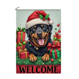 Christmas garden flag with Rottweiler wearing Santa hat and Welcome text decoration
