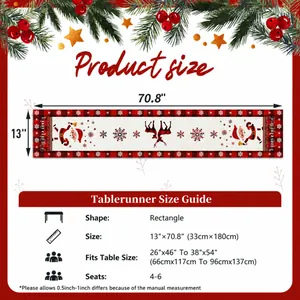 Christmas table runner with Santa and Reindeer print, red plaid edges, 13 by 70.8 inches
