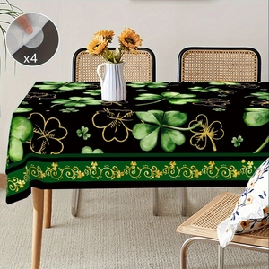 Detail of St. Patrick's Day clover tablecloth with 4 non-slip table corner fixers