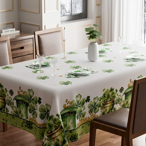 Elegant St. Patrick's Day clover tablecloth with green hats and gold coins pattern