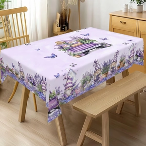 Detail of Easter gnome and lavender truck pattern on rectangular waterproof tablecloth