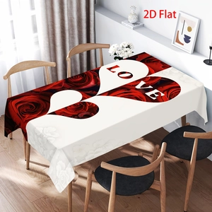 Valentine's Day tablecloth with red roses, heart shapes, and LOVE text for table decor