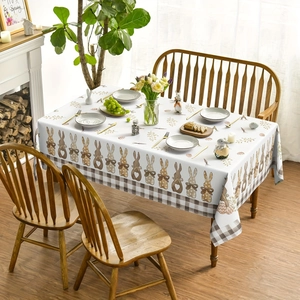 Easter tablecloth with rabbit pattern and grey plaid print for festive dining table decor
