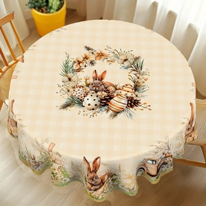 Detail of round Easter tablecloth with rabbit wreath and vintage egg truck patterns