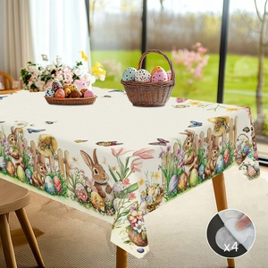 Detail of waterproof Easter tablecloth with bunny prints and four round adhesive pads