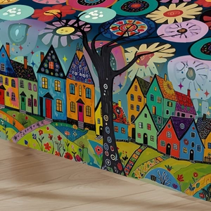 Sticker mural avec maisons colorées et étoiles sur un fond de parquet clair
