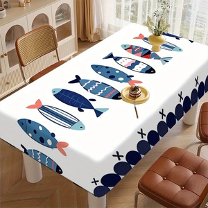 Nappe blanche rectangulaire avec poissons colorés et bordure à motifs de points bleus
