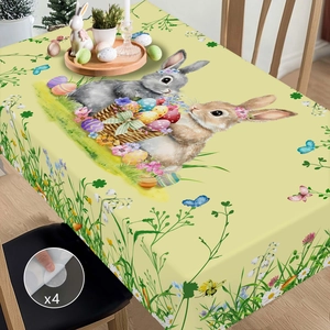 Detail of Easter tablecloth showing rabbits, eggs, and flowers with 4 adhesive pads