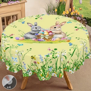 Detail of round Easter tablecloth featuring colorful rabbit patterns and 4 table clips