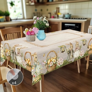 Detailed view of Easter tablecloth with bunny prints and 4 adhesive non-slip pads included