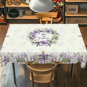 Easter He Is Risen rectangular tablecloth with Easter bunny, lily, and cross design