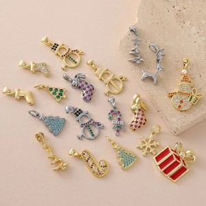Christmas gold plated snowman and tree pendants with colorful zircon inlays for jewelry DIY