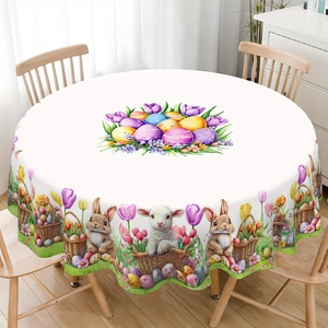 Detailed pattern of colorful Easter eggs and rabbits on a white round festive tablecloth