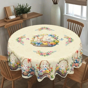 Close-up of Easter round tablecloth featuring colorful eggs, rabbits and scalloped edges