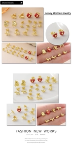 Detailed views of gold-plated stud earrings featuring heart ladybugs and golden bees