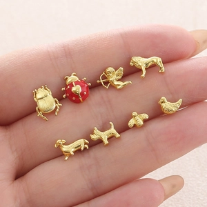 Gold-plated stud earrings featuring insect and animal designs with zircon inlay