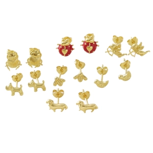 Gold plated earring set featuring zircon insect and cupid motifs on white background
