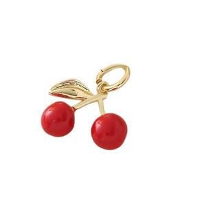 Charming red cherry charm pendant with gold leaves and cubic zirconia for DIY jewelry