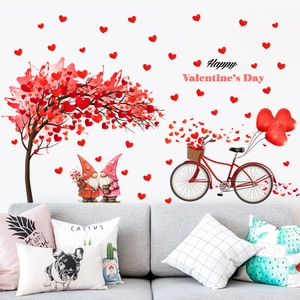 Adesivi Murali di San Valentino Albero di Cuori Gnomi Bicicletta Rossa Palloncini PVC Removibile Fai da Te Decorazione Casa