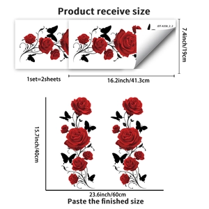Detailed view of red rose and butterfly static cling stickers with product dimensions