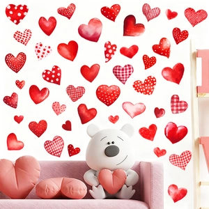 Valentinstag Herz Wandtattoo Rot Karomuster Punkte PVC Selbstklebend Herzform Abnehmbare Aufkleber Für Schlafzimmer Deko