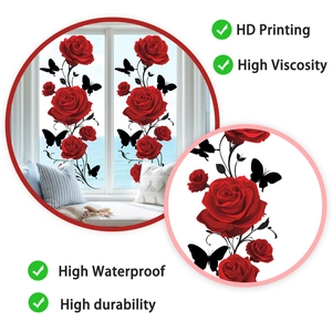 Detail view of red rose and butterfly window stickers with high-definition printing finish