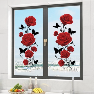 Romantic red rose and black butterfly static window stickers on a clear glass background
