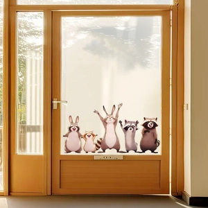Cartoon animal glass window stickers featuring cute rabbits and raccoons for kids' rooms