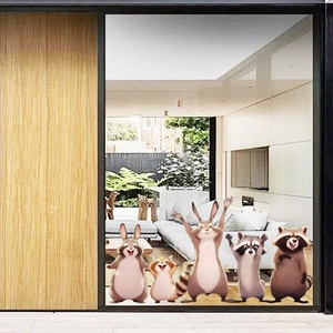 Cute cartoon animal window decals set featuring rabbit and raccoon for home glass decor