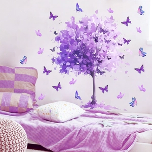 Dreamy purple tree and butterflies wall stickers for elegant bedroom home decoration