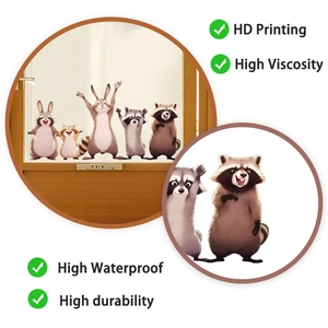 Detail of cartoon animal window stickers featuring HD printing and waterproof durability