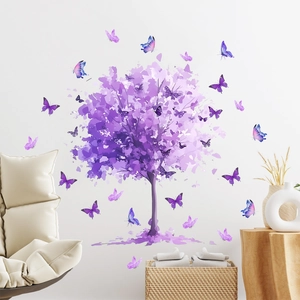 Dreamy purple watercolor tree wall decal with scattered blue butterflies for home decor