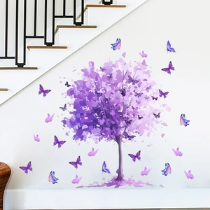 Artistic purple tree and butterfly wall decals for modern bedroom and living room decor