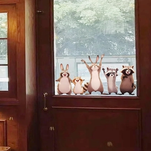 Cartoon rabbit and raccoon window decals for glass door decoration in warm nursery