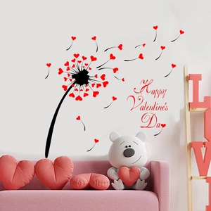 Sticker mural cœur pissenlit romantique avec texte Happy Valentine's Day sur mur