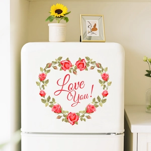 Romantic pink rose heart wreath wall sticker with Love You text for home decoration