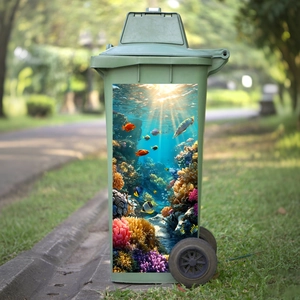 Poubelle verte extérieure à roulettes avec autocollant étanche décor monde sous-marin