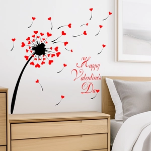 Sticker mural pissenlit avec cœurs rouges et texte Happy Valentine's Day pour la chambre