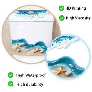 Dettaglio dell'adesivo 3D per WC con spiaggia e conchiglie applicato sul coperchio