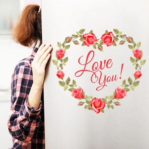 Pink heart rose floral wall sticker with Love You lettering for romantic room decor