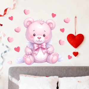 Cute Pink Bear Heart Wall Sticker Cartoon Animal Waterproof PVC Wall Decal For Kids Room Bedroom Nursery Home Decoration