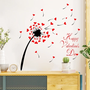 Sticker mural romantique pissenlit cœur rouge avec texte Happy Valentine's Day décor